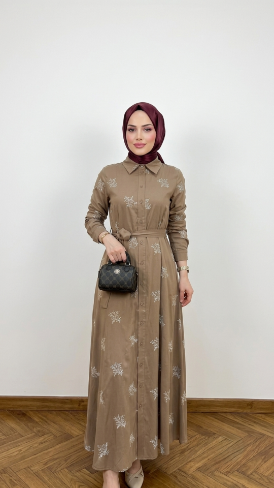 NAKIŞ DETAYLI PAMUK GÖMLEK ELBİSE KAHVERENGİ