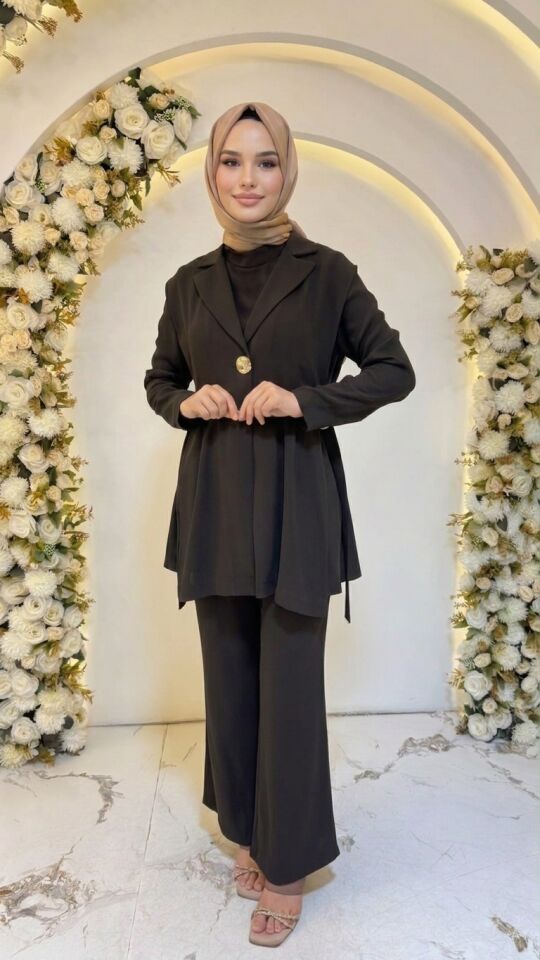 3'lü KREP PANTALONLU TAKIM KAHVERENGİ