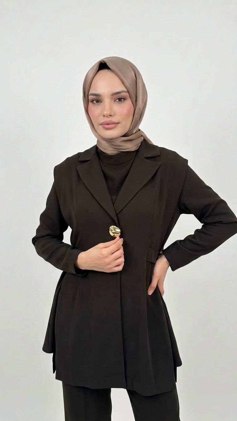 3'lü KREP PANTALONLU TAKIM KAHVERENGİ