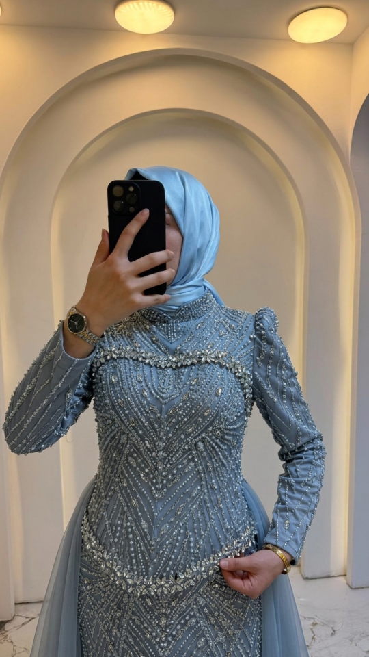 TAŞ İŞLEMELİ BELDEN PELERİNLİ TESETTÜR ABİYE BEBE MAVİSİ