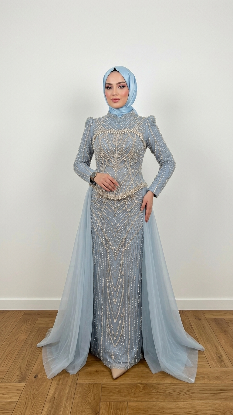TAŞ İŞLEMELİ BELDEN PELERİNLİ TESETTÜR ABİYE BEBE MAVİSİ