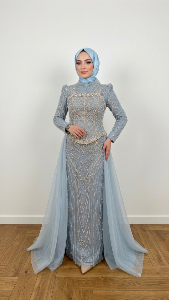 TAŞ İŞLEMELİ BELDEN PELERİNLİ TESETTÜR ABİYE BEBE MAVİSİ
