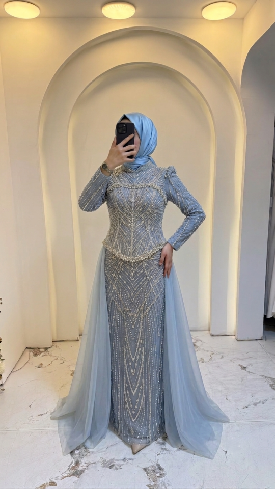 TAŞ İŞLEMELİ BELDEN PELERİNLİ TESETTÜR ABİYE BEBE MAVİSİ