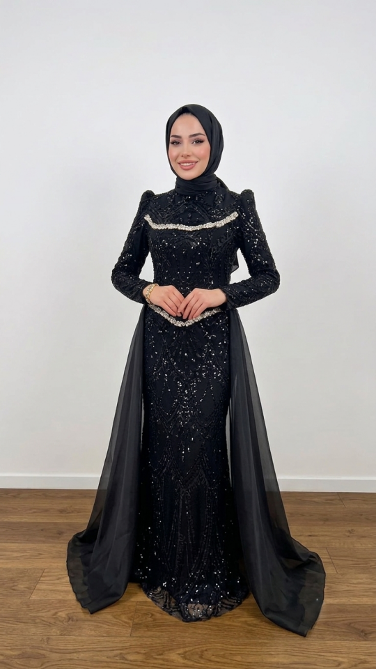 TAŞ İŞLEMELİ BELDEN PELERİNLİ TESETTÜR ABİYE SİYAH