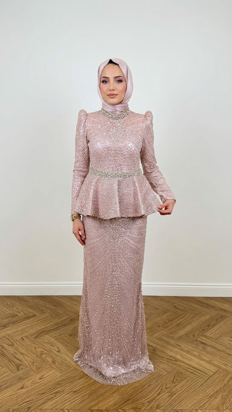 PİLE DETAYLI TAŞ İŞLEMELİ TESETTÜR ABİYE TOZ PEMBE