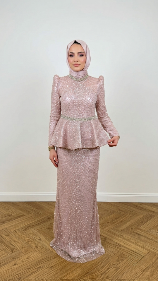 PİLE DETAYLI TAŞ İŞLEMELİ TESETTÜR ABİYE TOZ PEMBE