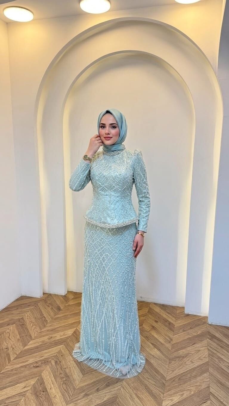 PİLE DETAYLI TAŞ İŞLEMELİ TESETTÜR ABİYE SUYEŞİLİ