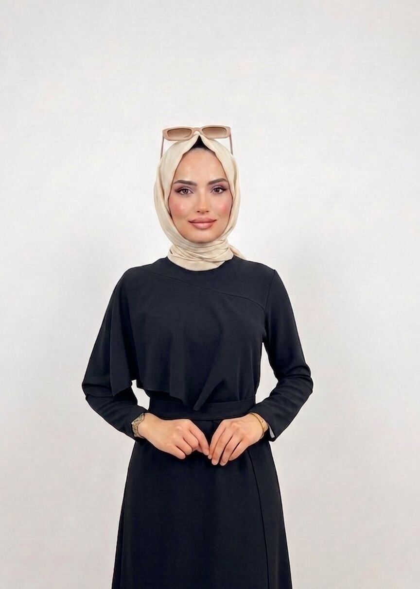 OMUZDA ŞAL DETAY TESETTÜR ELBİSE SİYAH