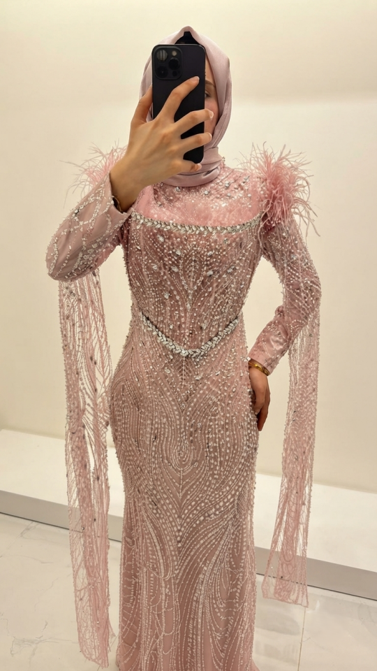 TÜYLÜ PELERİNLİ BALIK MODEL TESETTÜR ABİYE TOZ PEMBE