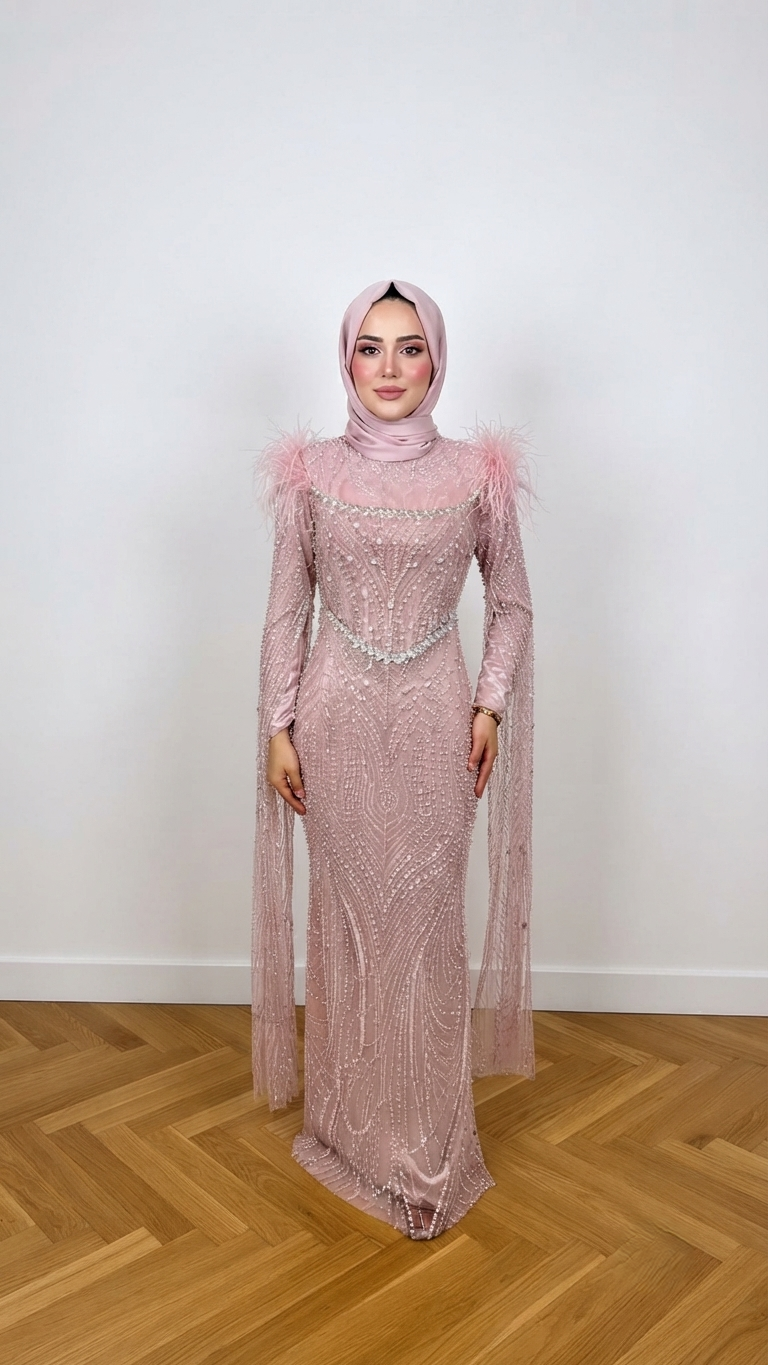 TÜYLÜ PELERİNLİ BALIK MODEL TESETTÜR ABİYE TOZ PEMBE