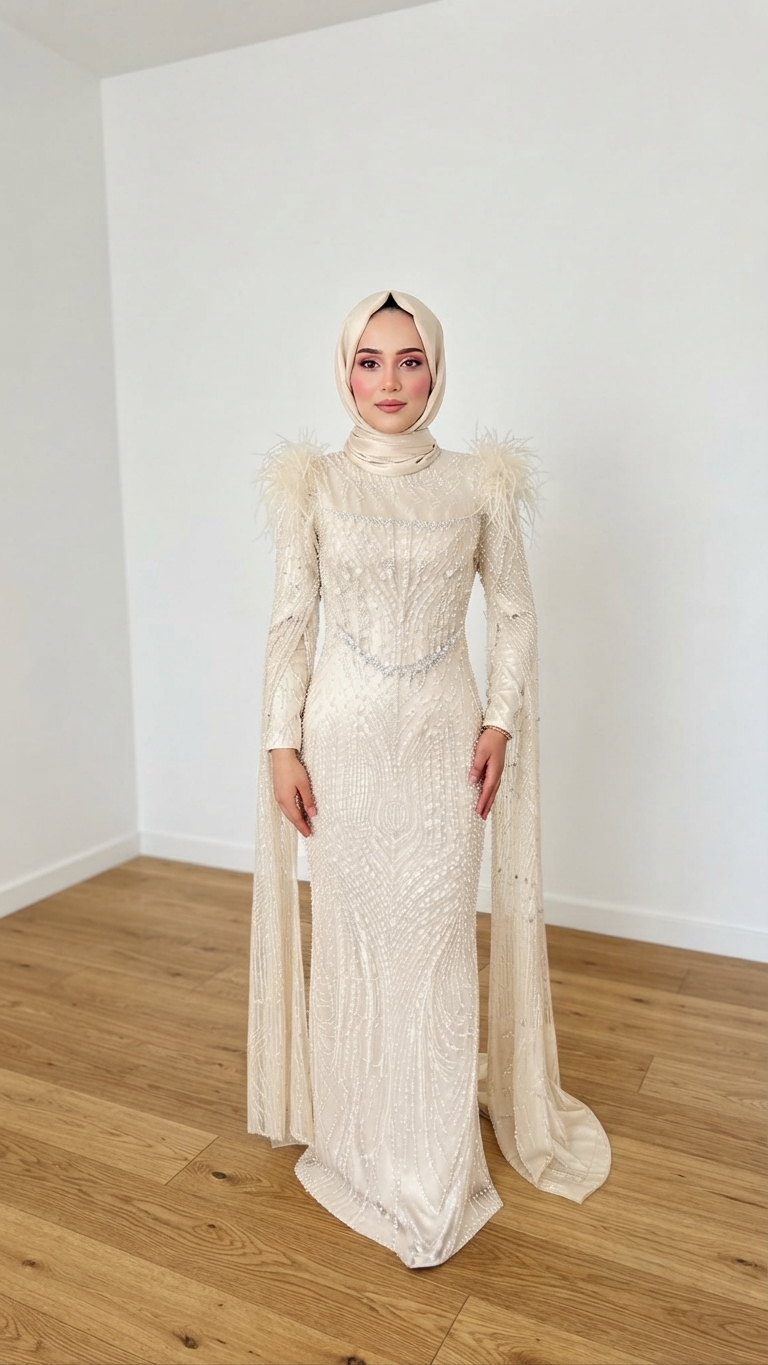TÜYLÜ PELERİNLİ BALIK MODEL TESETTÜR ABİYE KREM RENGİ