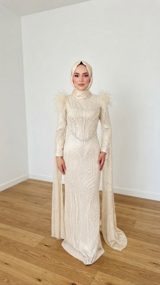 TÜYLÜ PELERİNLİ BALIK MODEL TESETTÜR ABİYE KREM RENGİ