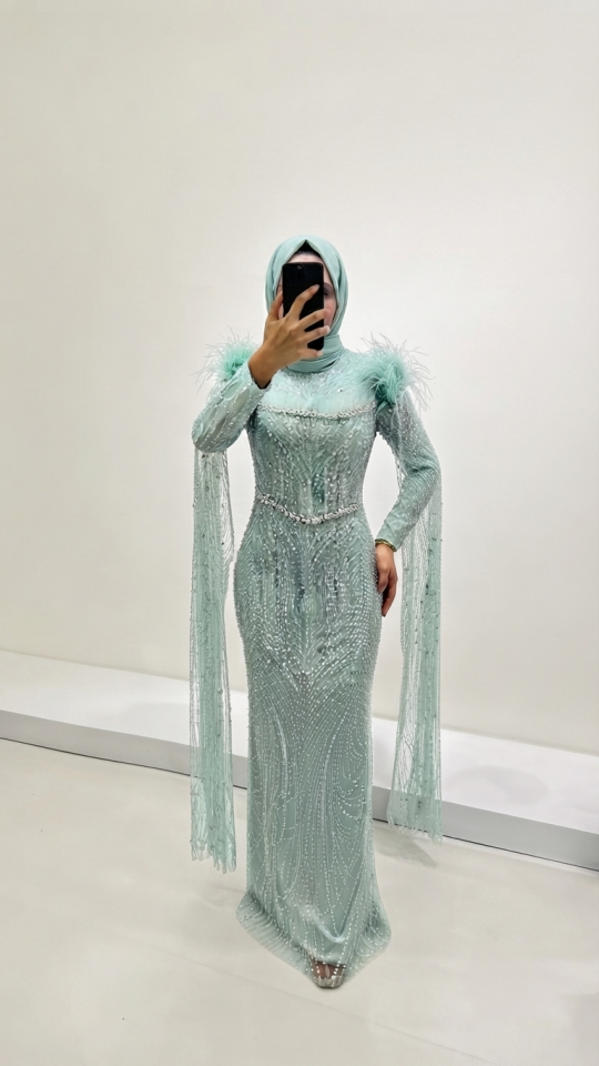 TÜYLÜ PELERİNLİ BALIK MODEL TESETTÜR ABİYE TURKUAZ