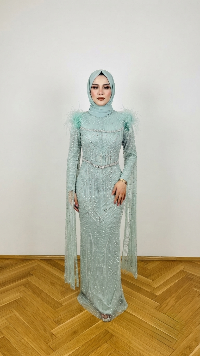 TÜYLÜ PELERİNLİ BALIK MODEL TESETTÜR ABİYE TURKUAZ