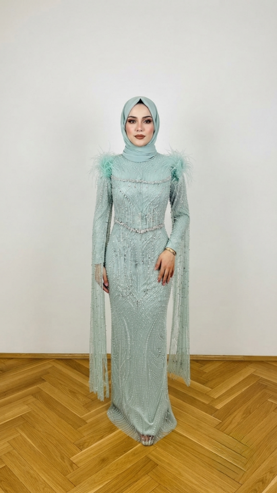 TÜYLÜ PELERİNLİ BALIK MODEL TESETTÜR ABİYE TURKUAZ