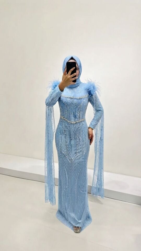 TÜYLÜ PELERİNLİ BALIK MODEL TESETTÜR ABİYE MAVİ