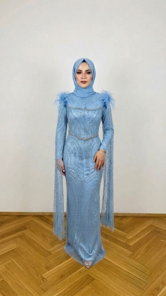 TÜYLÜ PELERİNLİ BALIK MODEL TESETTÜR ABİYE MAVİ