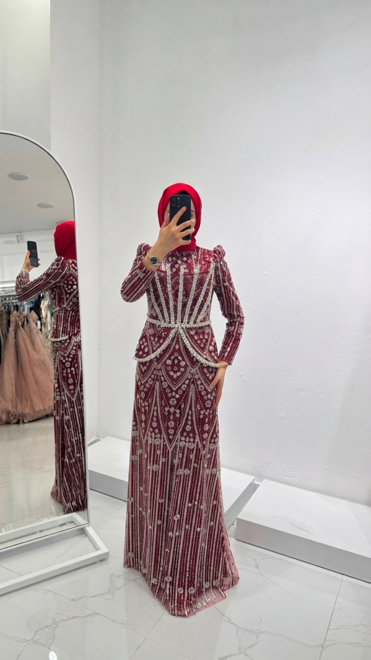 BONCUK İŞLEMELİ PEPLUM DETAYLI BORDO TESETTÜR ABİYE ELBİSE