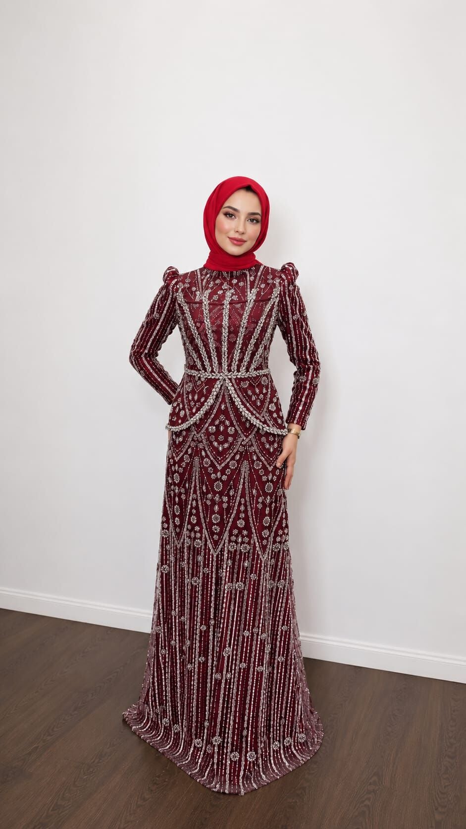 BONCUK İŞLEMELİ PEPLUM DETAYLI BORDO TESETTÜR ABİYE ELBİSE