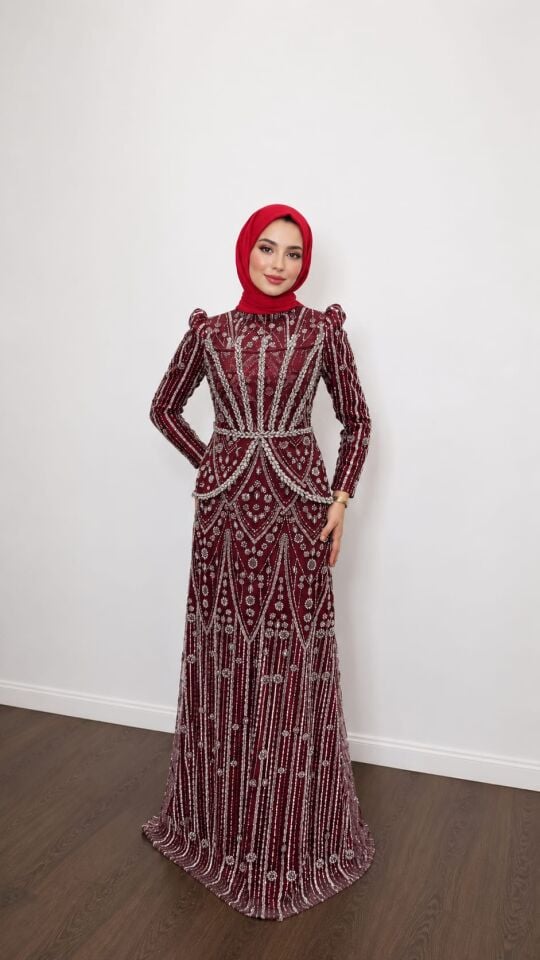 BONCUK İŞLEMELİ PEPLUM DETAYLI BORDO TESETTÜR ABİYE ELBİSE