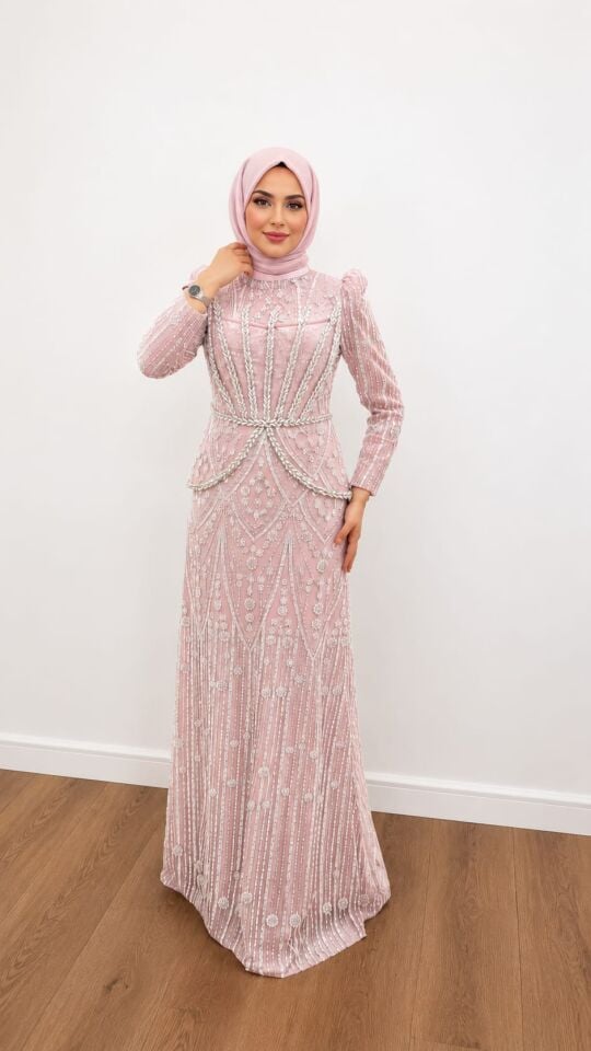 BONCUK İŞLEMELİ PEPLUM DETAYLI PUDRA PEMBE TESETTÜR ABİYE ELBİSE