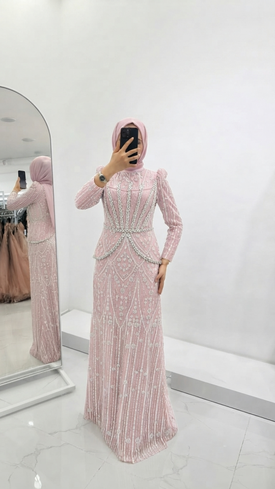 BONCUK İŞLEMELİ PEPLUM DETAYLI PUDRA PEMBE TESETTÜR ABİYE ELBİSE