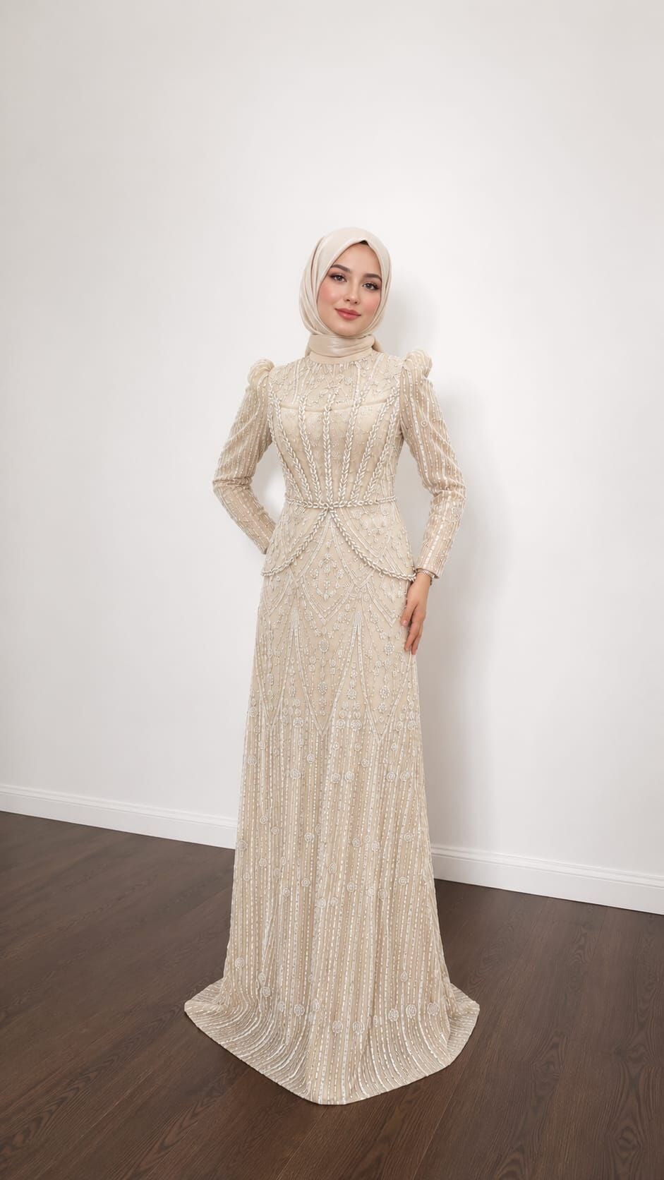 BONCUK İŞLEMELİ PEPLUM DETAYLI KREM RENGİ TESETTÜR ABİYE ELBİSE