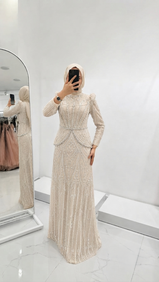 BONCUK İŞLEMELİ PEPLUM DETAYLI KREM RENGİ TESETTÜR ABİYE ELBİSE