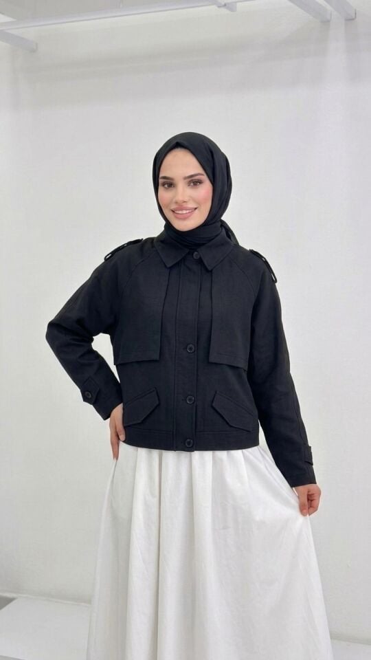 CEP DETAYLI CROP CEKET SİYAH