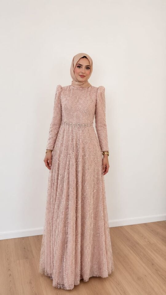 TAŞ İŞLEMELİ BELDEN VÜCUDA OTURAN TESETTÜR ABİYE PUDRA PEMBE