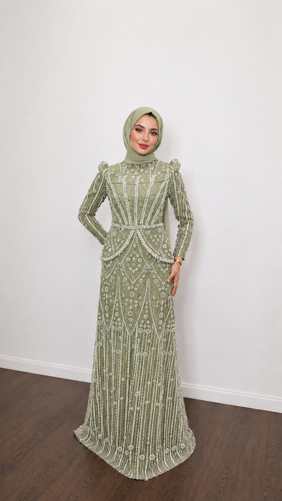 BONCUK İŞLEMELİ PEPLUM DETAYLI YEŞİL TESETTÜR ABİYE ELBİSE