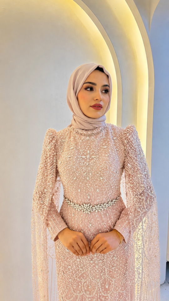 PUDRA PEMBE  MELEK KOL PELERİNLİ TAŞ İŞLEMELİ TESETTÜR ABİYE