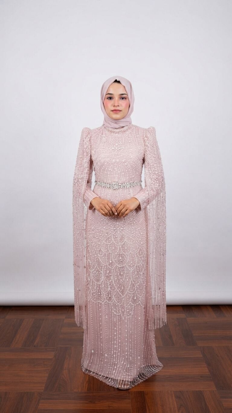 PUDRA PEMBE  MELEK KOL PELERİNLİ TAŞ İŞLEMELİ TESETTÜR ABİYE