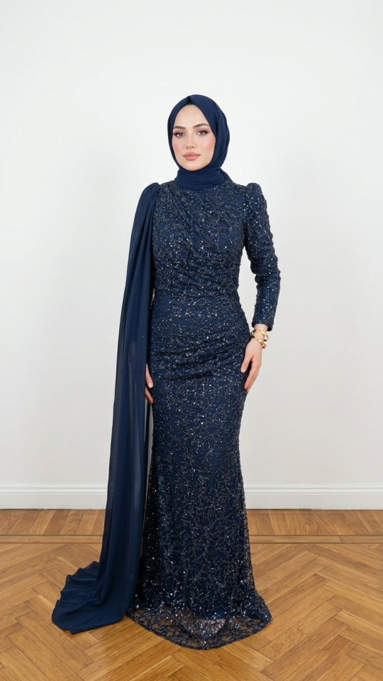 BALIK MODEL PİLELİ OMUZDAN PELERİNLİ TESETTÜR ABİYE GECE MAVİSİ