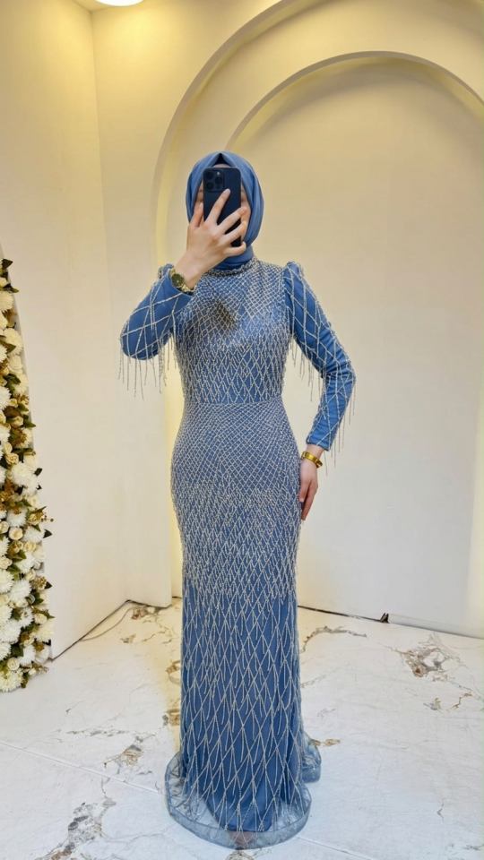 TAŞLI FIRFIRLI BALIK MODEL TESETTÜR ABİYE MAVİ
