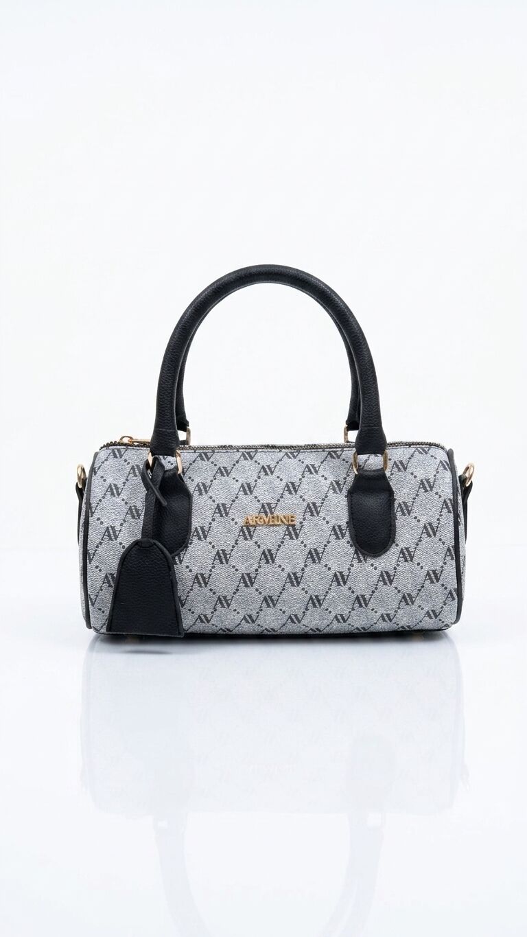 MONOGRAM DESENLİ DERİ DETAYLI SİLİNDİR ÇANTA GRİ