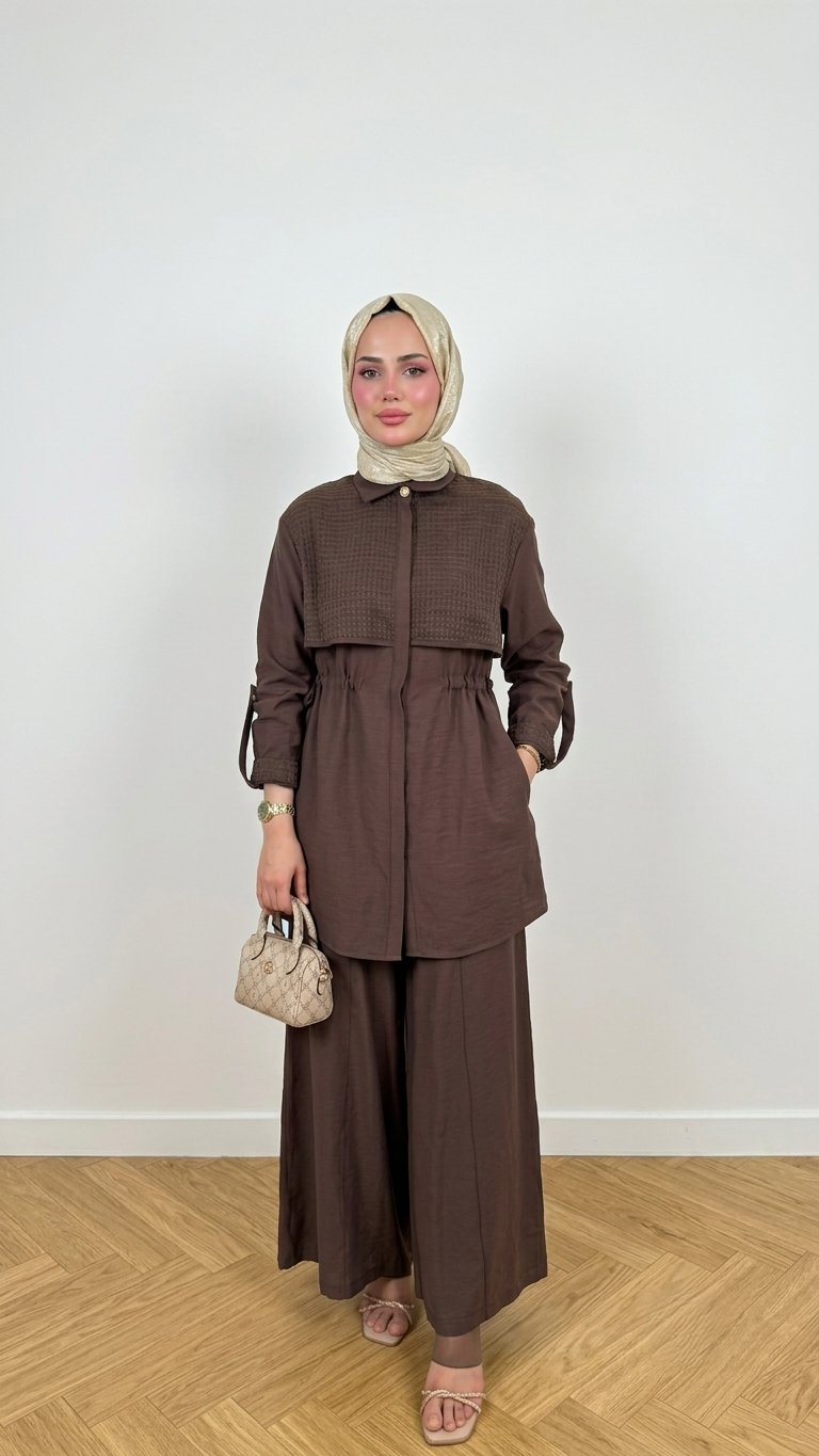 FİLE DETAYLI GİZLİ DÜĞMELİ BELİ BÜZGÜLÜ PANTOLONLU TAKIM KAHVERENGİ
